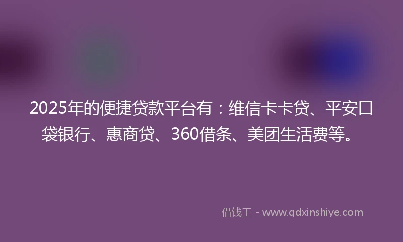 2025年的便捷贷款平台有：维信卡卡贷、平安口袋银行、惠商贷、360借条、美团生活费等。