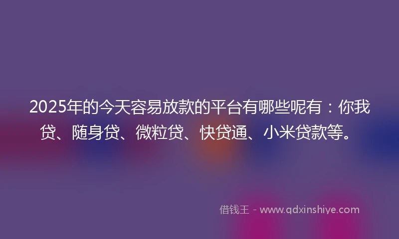 2025年的今天容易放款的平台有哪些呢有：你我贷、随身贷、微粒贷、快贷通、小米贷款等。