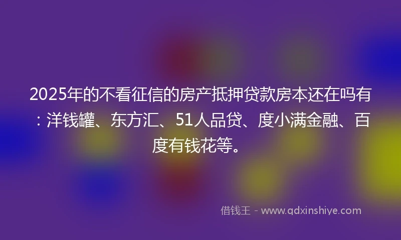 2025年的不看征信的房产抵押贷款房本还在吗有：洋钱罐、东方汇、51人品贷、度小满金融、百度有钱花等。