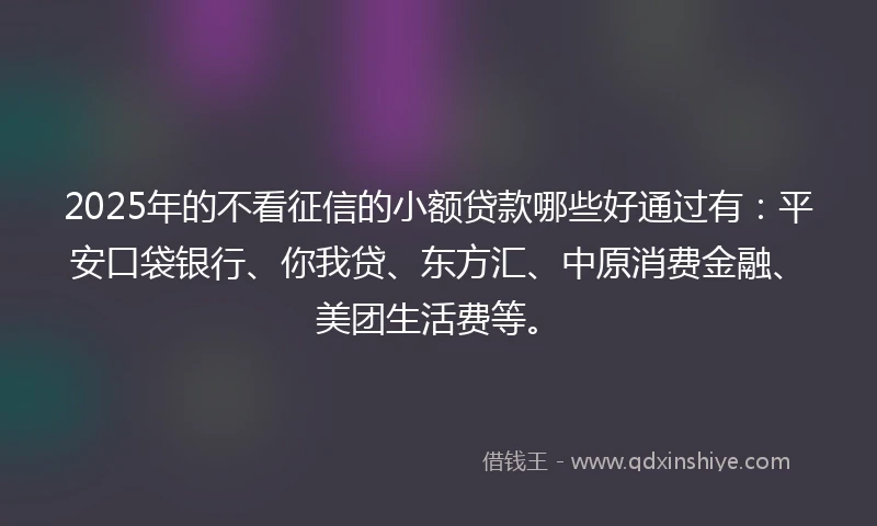 2025年的不看征信的小额贷款哪些好通过有：平安口袋银行、你我贷、东方汇、中原消费金融、美团生活费等。