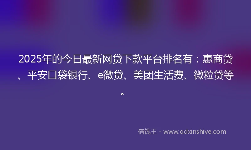 2025年的今日最新网贷下款平台排名有：惠商贷、平安口袋银行、e微贷、美团生活费、微粒贷等。