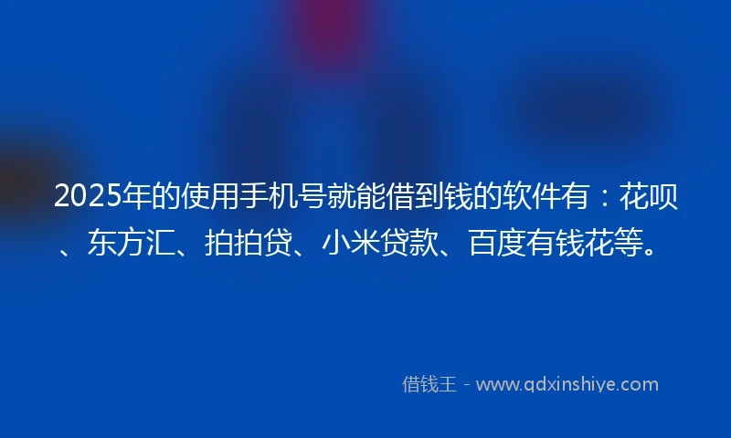 2025年的使用手机号就能借到钱的软件有：花呗、东方汇、拍拍贷、小米贷款、百度有钱花等。