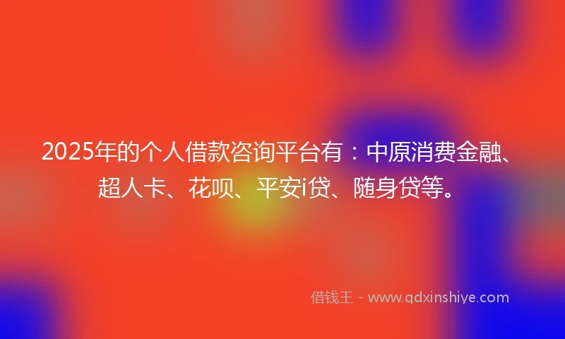 2025年的个人借款咨询平台有：中原消费金融、超人卡、花呗、平安i贷、随身贷等。