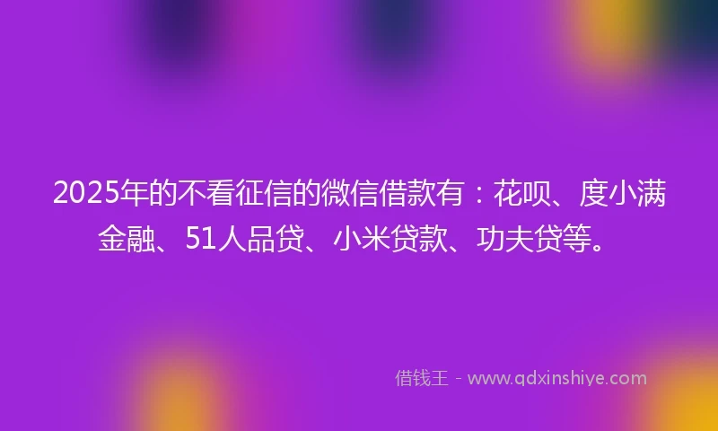 2025年的不看征信的微信借款有：花呗、度小满金融、51人品贷、小米贷款、功夫贷等。