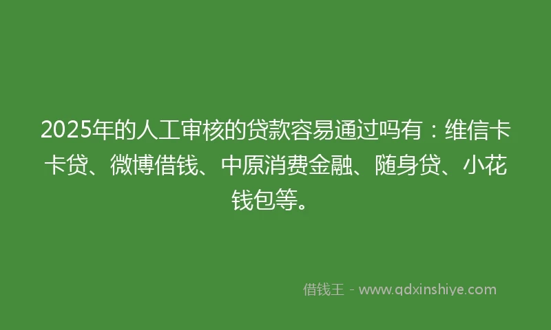 2025年的人工审核的贷款容易通过吗有：维信卡卡贷、微博借钱、中原消费金融、随身贷、小花钱包等。
