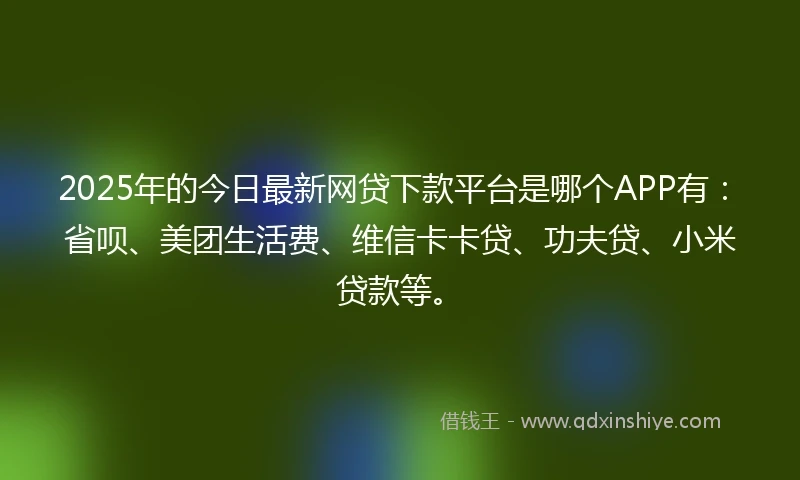 2025年的今日最新网贷下款平台是哪个APP有：省呗、美团生活费、维信卡卡贷、功夫贷、小米贷款等。