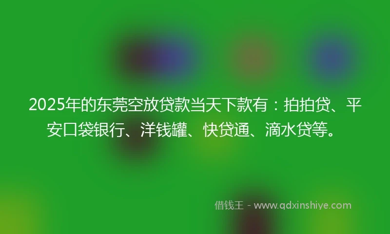 2025年的东莞空放贷款当天下款有：拍拍贷、平安口袋银行、洋钱罐、快贷通、滴水贷等。