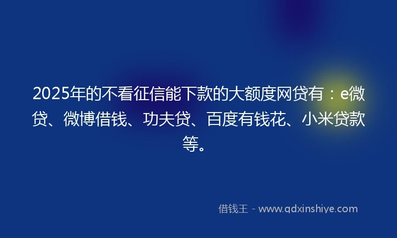 2025年的不看征信能下款的大额度网贷有：e微贷、微博借钱、功夫贷、百度有钱花、小米贷款等。