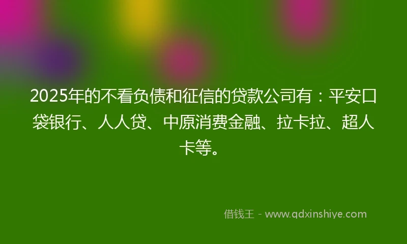2025年的不看负债和征信的贷款公司有：平安口袋银行、人人贷、中原消费金融、拉卡拉、超人卡等。
