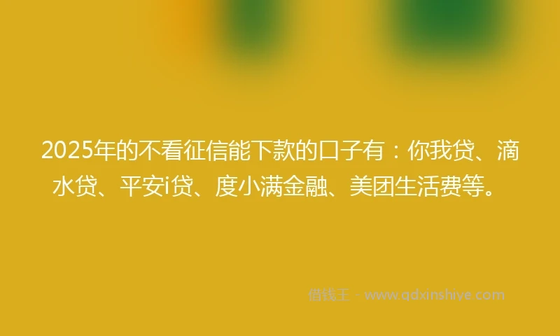 2025年的不看征信能下款的口子有：你我贷、滴水贷、平安i贷、度小满金融、美团生活费等。