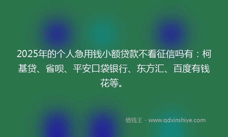 2025年的个人急用钱小额贷款不看征信吗有：柯基贷、省呗、平安口袋银行、东方汇、百度有钱花等。