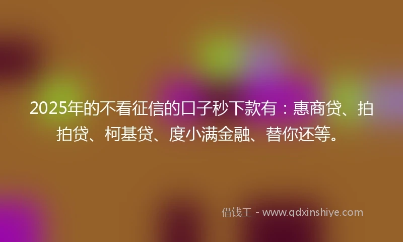2025年的不看征信的口子秒下款有：惠商贷、拍拍贷、柯基贷、度小满金融、替你还等。
