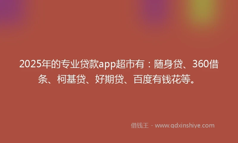 2025年的专业贷款app超市有：随身贷、360借条、柯基贷、好期贷、百度有钱花等。