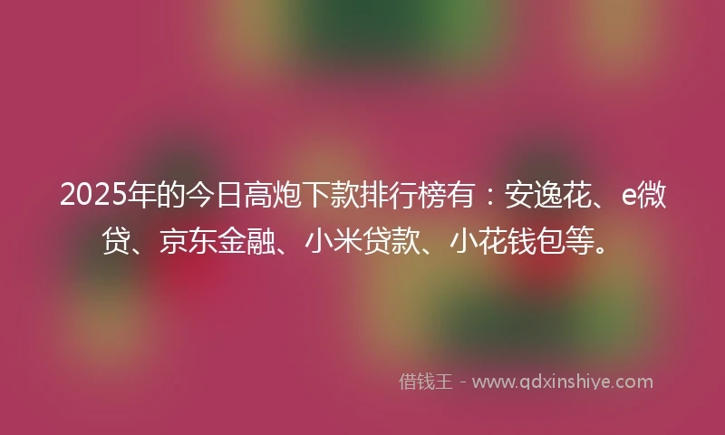 2025年的今日高炮下款排行榜有:安逸花、e微贷、京东金融、小米贷款、小花钱包等。