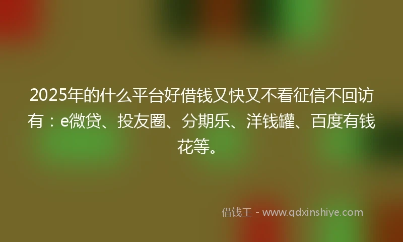 2025年的什么平台好借钱又快又不看征信不回访有：e微贷、投友圈、分期乐、洋钱罐、百度有钱花等。