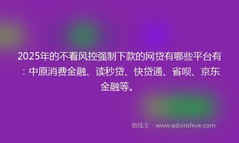 2025年的不看风控强制下款的网贷有哪些平台有：中原消费金融、读秒贷、快贷通、省呗、京东金融等。