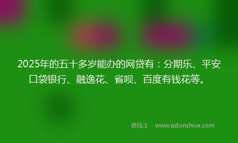 2025年的五十多岁能办的网贷有：分期乐、平安口袋银行、融逸花、省呗、百度有钱花等。