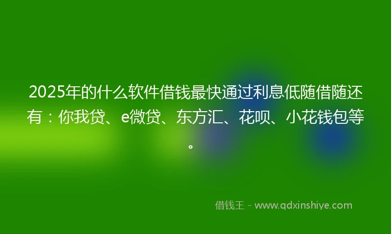 2025年的什么软件借钱最快通过利息低随借随还有：你我贷、e微贷、东方汇、花呗、小花钱包等。
