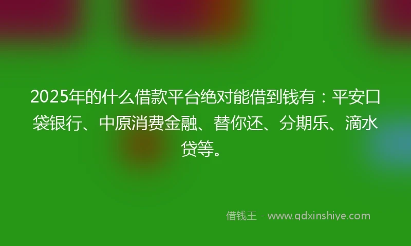 2025年的什么借款平台绝对能借到钱有:平安口袋银行、中原消费金融、替你还、分期乐、滴水贷等。