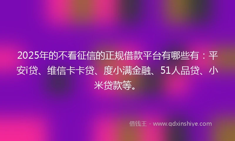2025年的不看征信的正规借款平台有哪些有：平安i贷、维信卡卡贷、度小满金融、51人品贷、小米贷款等。
