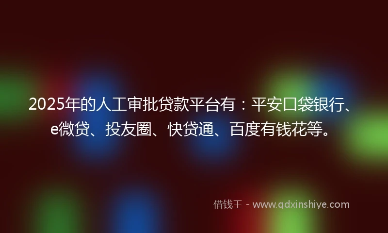 2025年的人工审批贷款平台有：平安口袋银行、e微贷、投友圈、快贷通、百度有钱花等。
