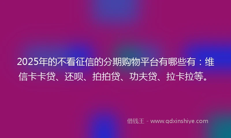 2025年的不看征信的分期购物平台有哪些有：维信卡卡贷、还呗、拍拍贷、功夫贷、拉卡拉等。