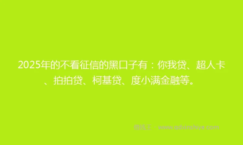 2025年的不看征信的黑口子有：你我贷、超人卡、拍拍贷、柯基贷、度小满金融等。