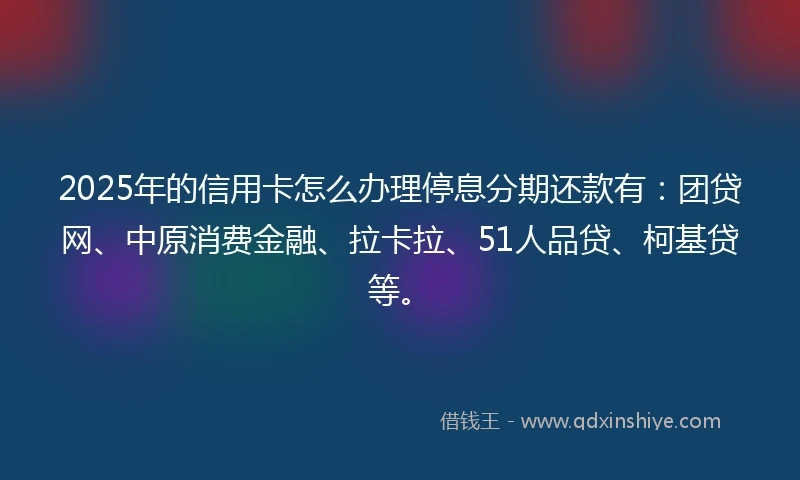 2025年的信用卡怎么办理停息分期还款有：团贷网、中原消费金融、拉卡拉、51人品贷、柯基贷等。