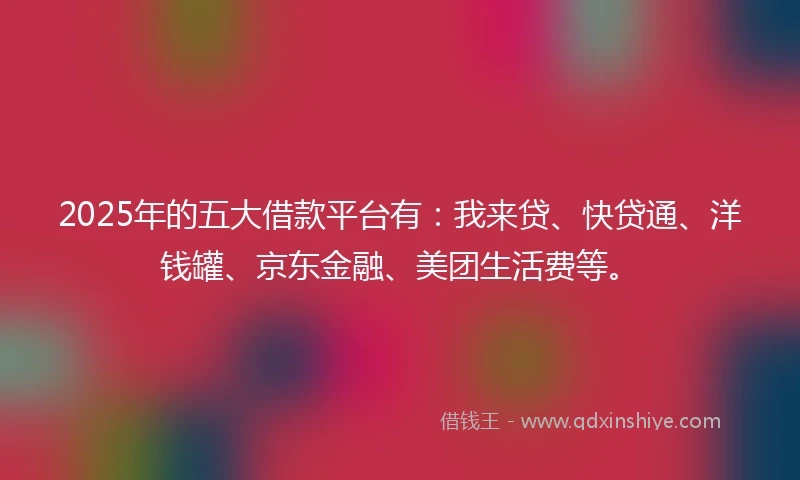 2025年的五大借款平台有：我来贷、快贷通、洋钱罐、京东金融、美团生活费等。