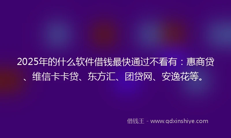 2025年的什么软件借钱最快通过不看有：惠商贷、维信卡卡贷、东方汇、团贷网、安逸花等。