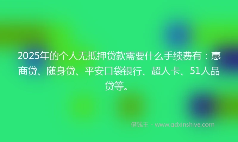 2025年的个人无抵押贷款需要什么手续费有：惠商贷、随身贷、平安口袋银行、超人卡、51人品贷等。