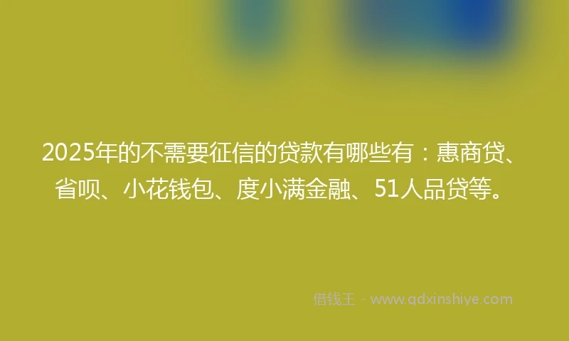 2025年的不需要征信的贷款有哪些有：惠商贷、省呗、小花钱包、度小满金融、51人品贷等。
