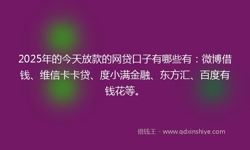 2025年的今天放款的网贷口子有哪些有：微博借钱、维信卡卡贷、度小满金融、东方汇、百度有钱花等。