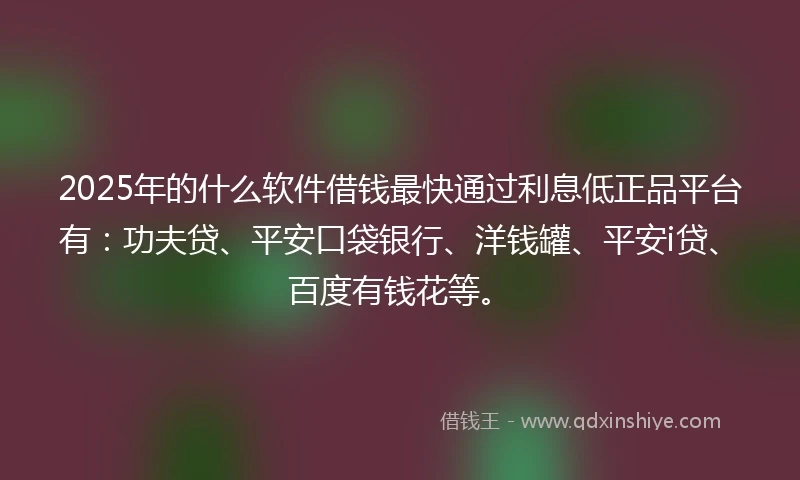 2025年的什么软件借钱最快通过利息低正品平台有：功夫贷、平安口袋银行、洋钱罐、平安i贷、百度有钱花等。