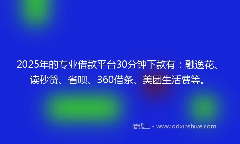 2025年的专业借款平台30分钟下款有：融逸花、读秒贷、省呗、360借条、美团生活费等。
