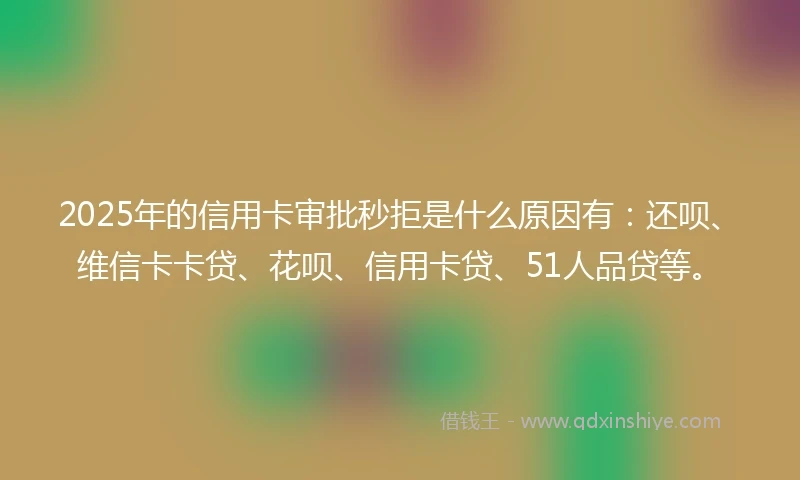 2025年的信用卡审批秒拒是什么原因有：还呗、维信卡卡贷、花呗、信用卡贷、51人品贷等。