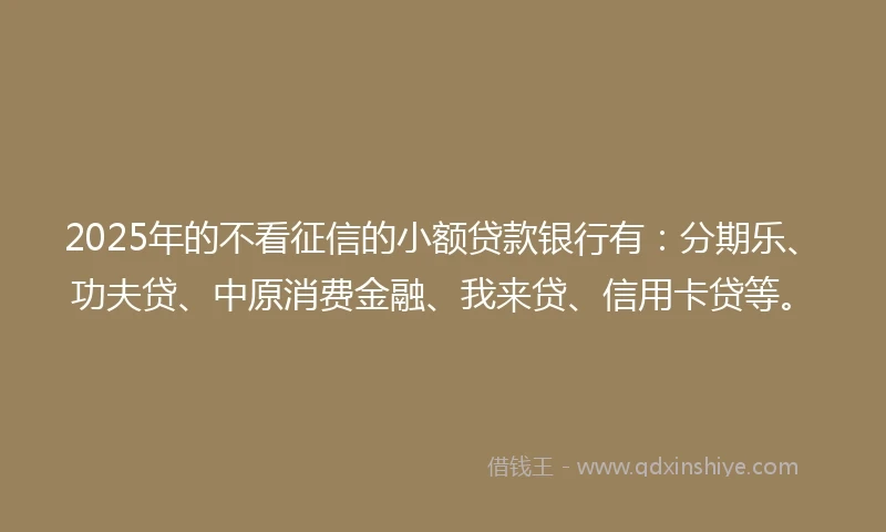 2025年的不看征信的小额贷款银行有：分期乐、功夫贷、中原消费金融、我来贷、信用卡贷等。