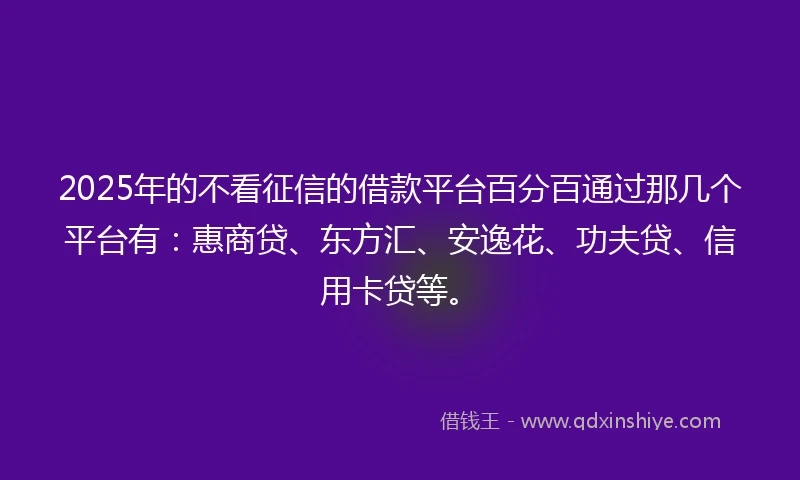 2025年的不看征信的借款平台百分百通过那几个平台有：惠商贷、东方汇、安逸花、功夫贷、信用卡贷等。