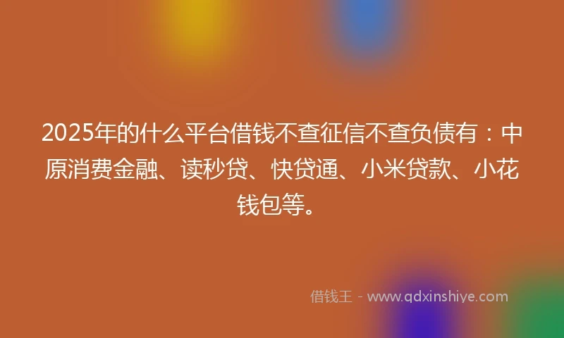 2025年的什么平台借钱不查征信不查负债有：中原消费金融、读秒贷、快贷通、小米贷款、小花钱包等。