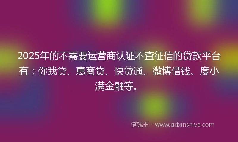 2025年的不需要运营商认证不查征信的贷款平台有：你我贷、惠商贷、快贷通、微博借钱、度小满金融等。