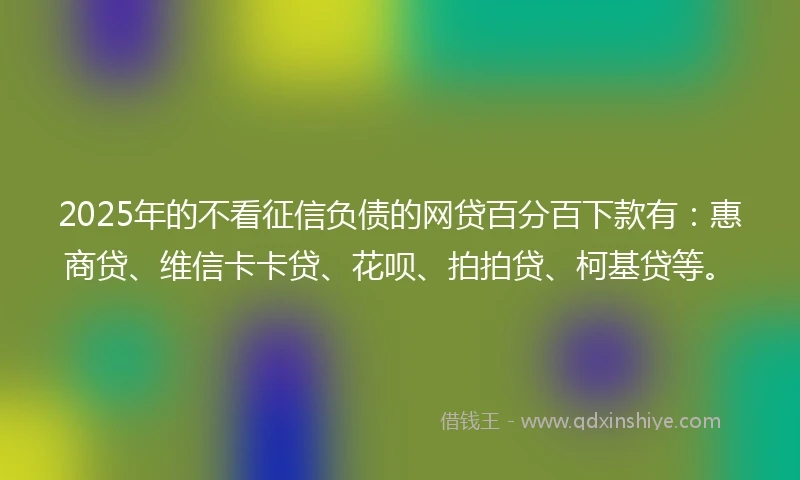 2025年的不看征信负债的网贷百分百下款有：惠商贷、维信卡卡贷、花呗、拍拍贷、柯基贷等。