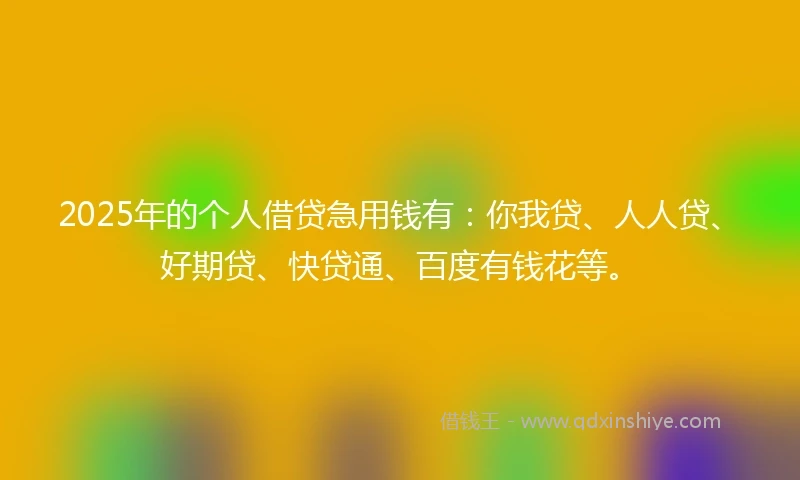 2025年的个人借贷急用钱有：你我贷、人人贷、好期贷、快贷通、百度有钱花等。