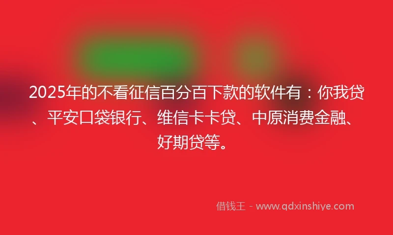 2025年的不看征信百分百下款的软件有：你我贷、平安口袋银行、维信卡卡贷、中原消费金融、好期贷等。