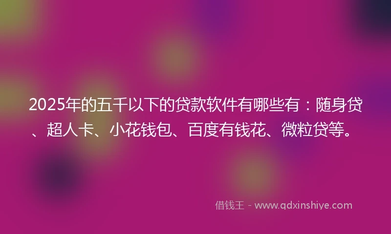 2025年的五千以下的贷款软件有哪些有：随身贷、超人卡、小花钱包、百度有钱花、微粒贷等。
