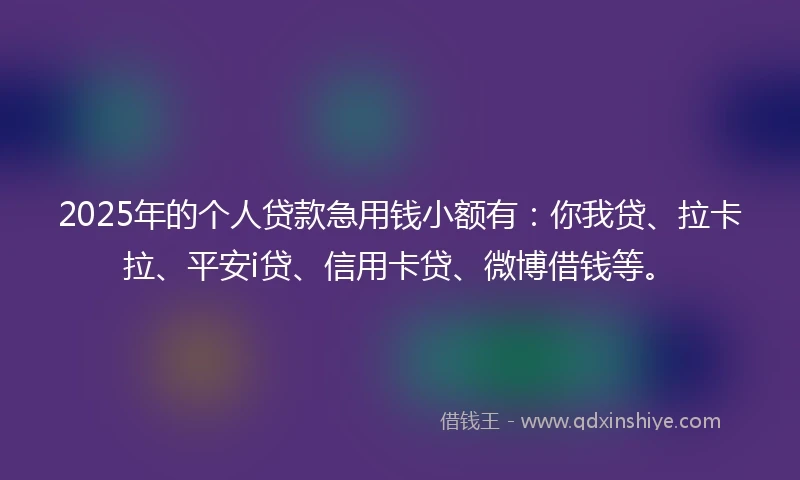 2025年的个人贷款急用钱小额有：你我贷、拉卡拉、平安i贷、信用卡贷、微博借钱等。