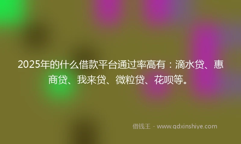 2025年的什么借款平台通过率高有：滴水贷、惠商贷、我来贷、微粒贷、花呗等。