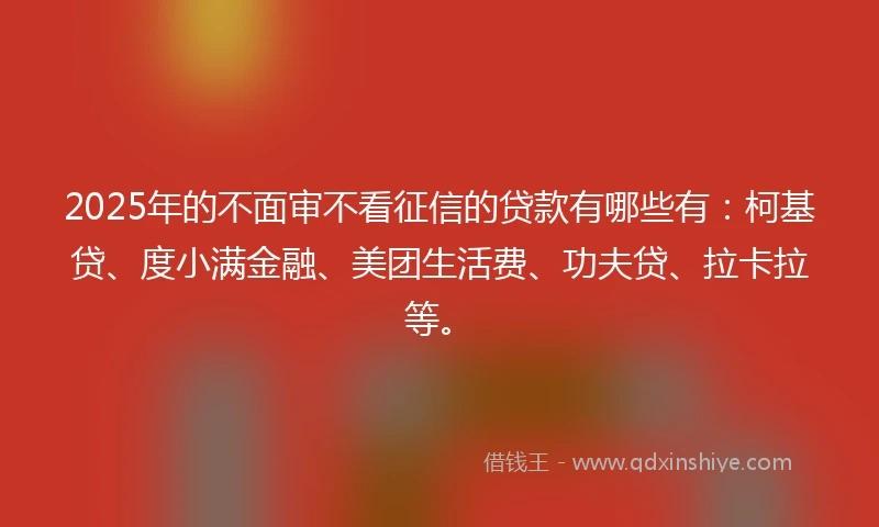 2025年的不面审不看征信的贷款有哪些有：柯基贷、度小满金融、美团生活费、功夫贷、拉卡拉等。
