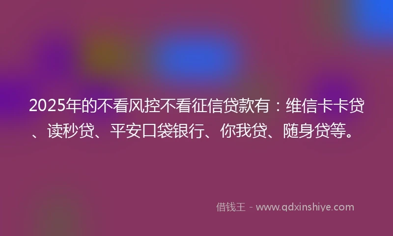 2025年的不看风控不看征信贷款有：维信卡卡贷、读秒贷、平安口袋银行、你我贷、随身贷等。