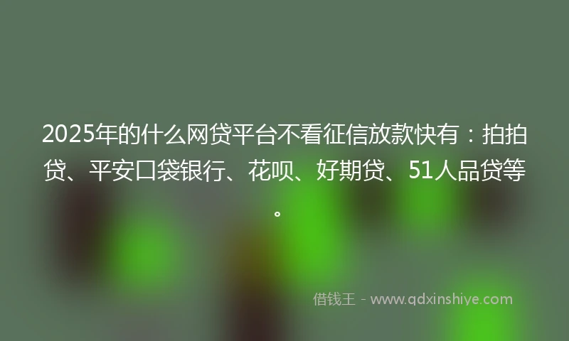 2025年的什么网贷平台不看征信放款快有：拍拍贷、平安口袋银行、花呗、好期贷、51人品贷等。