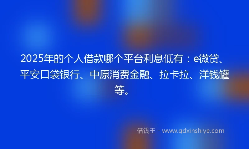 2025年的个人借款哪个平台利息低有：e微贷、平安口袋银行、中原消费金融、拉卡拉、洋钱罐等。